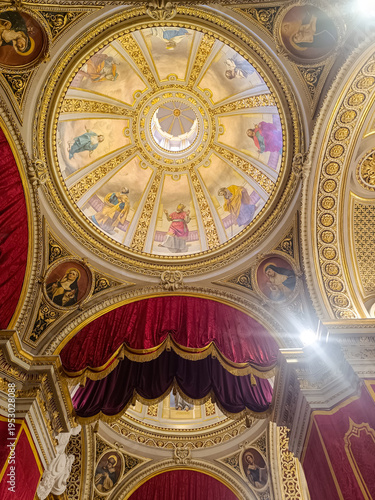 Ceiling with dome with frescoes of saints and red drapery in the Basilica of St. Dominic, Valletta MALTA