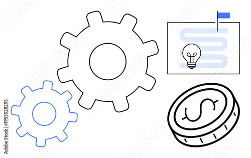 Business process concept. Business process with gears, financial planning, and innovation by icons. Business process for workflow, strategy, startups, finance, and entrepreneurship