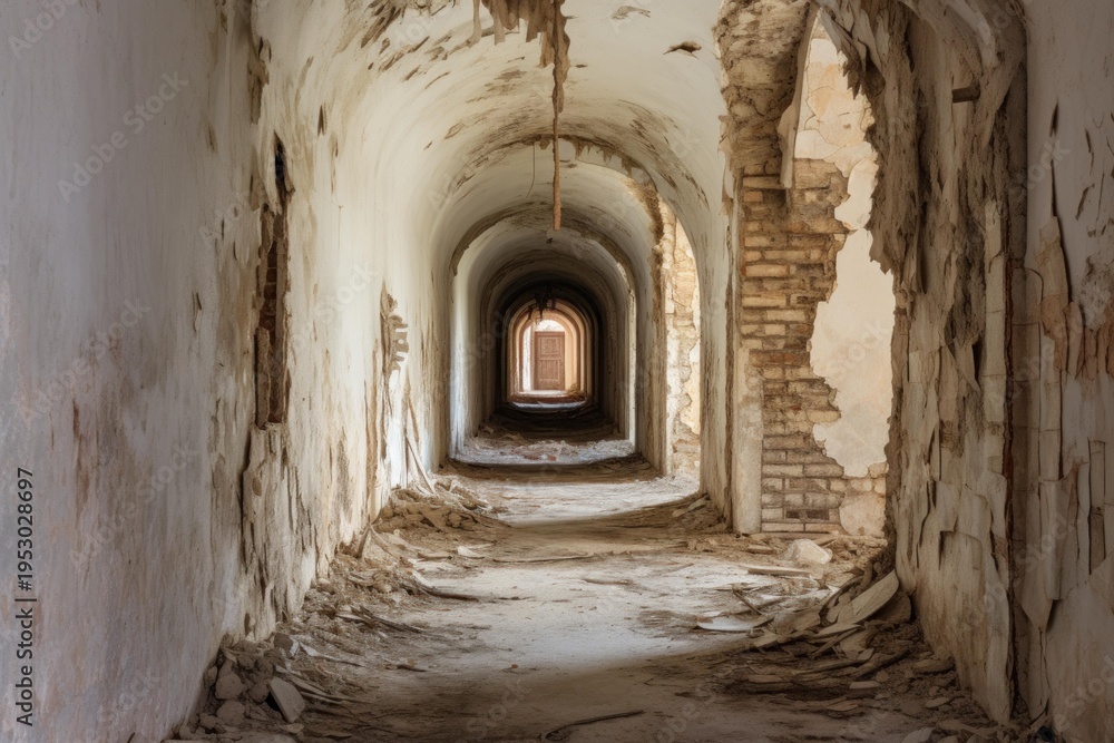 Obraz premium Abandoned architectural tunnel showing crumbling walls and peeling paint with light at the end
