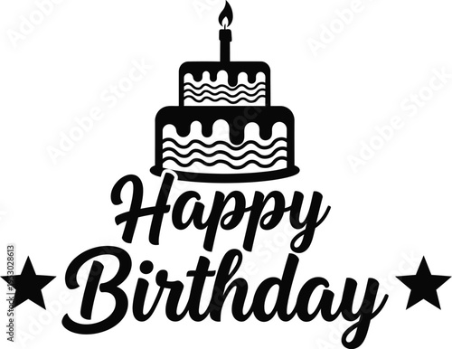 Happy birthday silhouette graphic with cake and stars