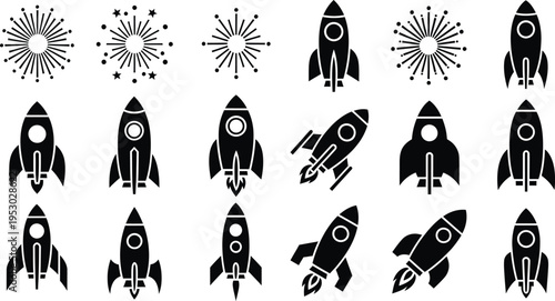 Rocket ships and explosion silhouette icons set