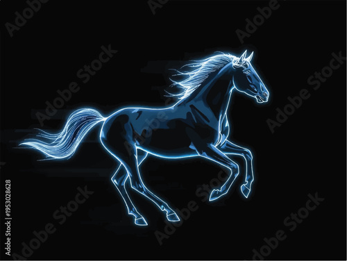 Majestic blue neon horse galloping silhouette on black background, energy and speed concept, glowing outline