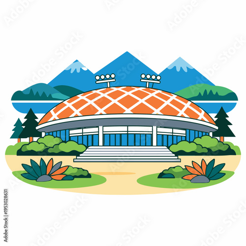Flat Illustration of a Domed Stadium with Mountains and Lake Palacio de los deportes Mexico