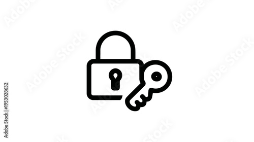 A black and white graphic depicting a padlock with a key next to it, on a white background