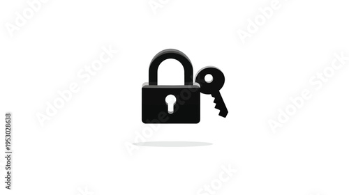 3D-rendered illustration of a lock and key. The objects are black and slightly shaded