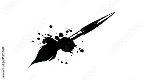 Black ink splash with brush icon. Abstract design with splatters of ink over a white background