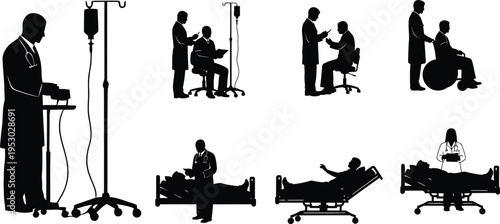 Silhouette of people with disabilities and medical equipment