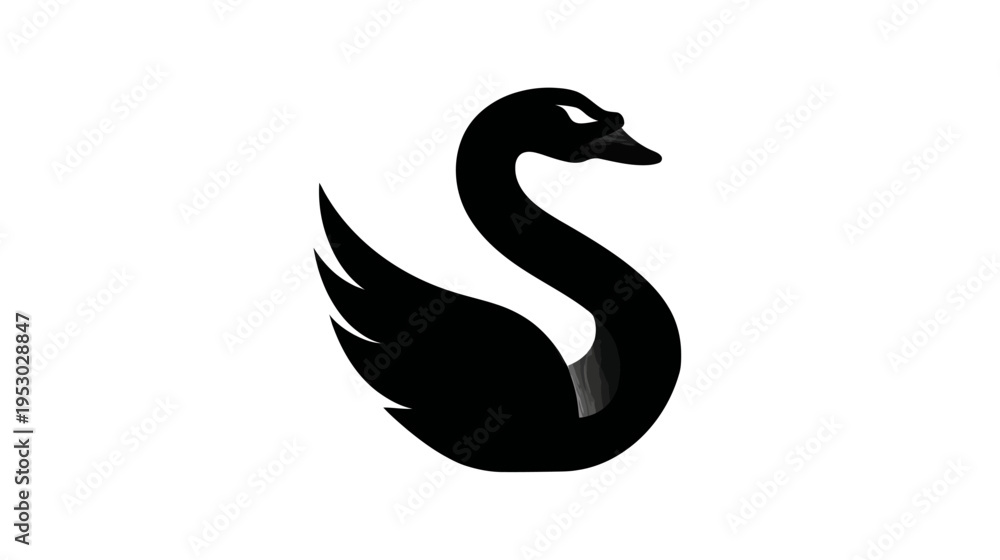 Fototapeta premium A black swan graphic with a curved neck and wing on a white background