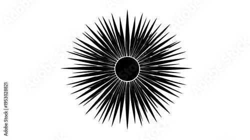 Black and white abstract radial design. A central circle with radiating jagged lines