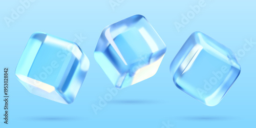 Ice cubes 3d realistic vector elements set. Blue abstract glass blocks three dimensional illustrations collection.