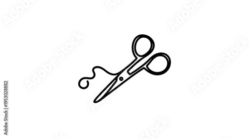 Black and white minimalist illustration of scissors with a curved tail against a white background