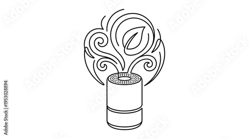 Minimalist line art illustration of an aromatherapy diffuser emitting stylized vapor and a symbolic fresh leaf, promoting wellness.