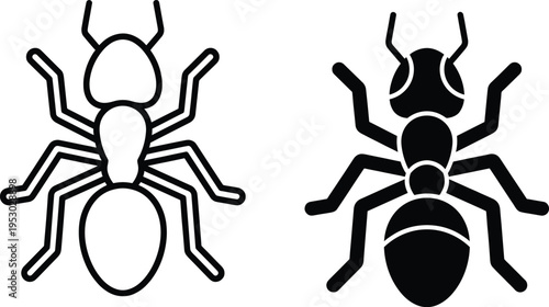 Black ant icons, outline and filled insect silhouettes, nature wildlife pest symbols, colony worker bug, isolated vector illustration design