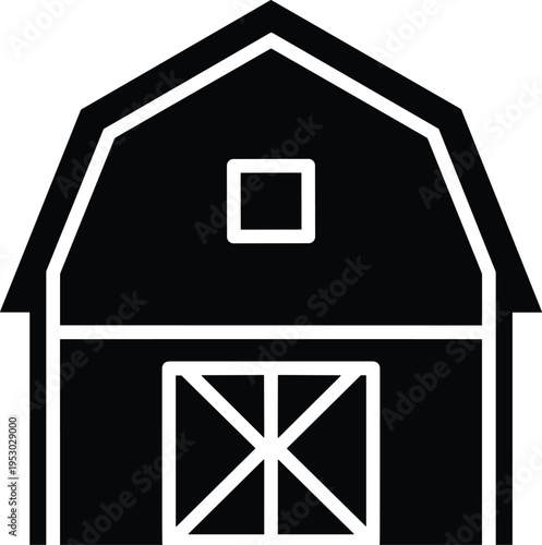 Black barn house icon, traditional farm building vector illustration, agricultural storage symbol, rural countryside ranch element, solid silhouette, isolated.