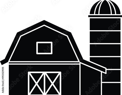 Black barn silhouette with grain silo tower, farm building icon isolated on white background, rural countryside agriculture vector illustration.