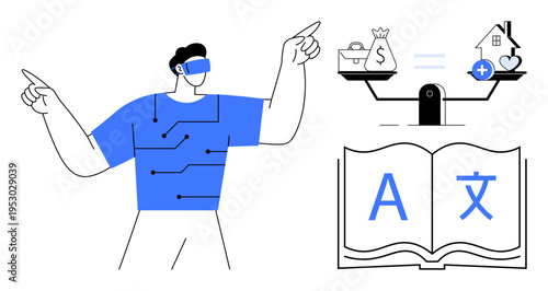 Technology concept. Technology connects financial management, health care innovation, and digital communication. Technology addresses language translation and balance in modern life. Ideal