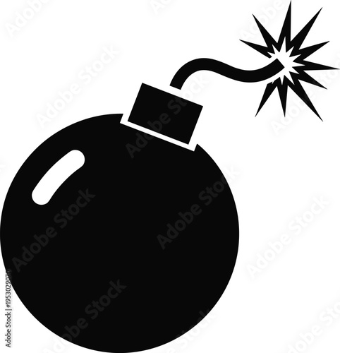 Black bomb silhouette with burning fuse, explosive weapon icon, danger symbol, round tnt dynamite illustration, countdown to explosion, cartoon style.
