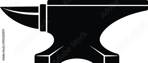 Black blacksmith anvil icon, heavy metal work tool vector illustration, iron forge equipment symbol, industrial craftsmanship hardware element, solid silhouette.