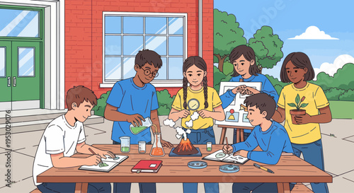 Diverse students engaged in outdoor science experiment, learning and discovery