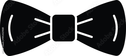 Black bow tie icon, elegant formal neckwear vector illustration, gentleman fashion accessory symbol, tuxedo wedding clothing element, silhouette, isolated.