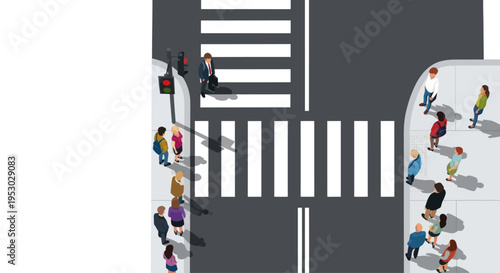 Top view of people crossing busy street at crosswalk with traffic light
