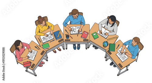 Students learning at desks arranged in a semi-circle, top-down view