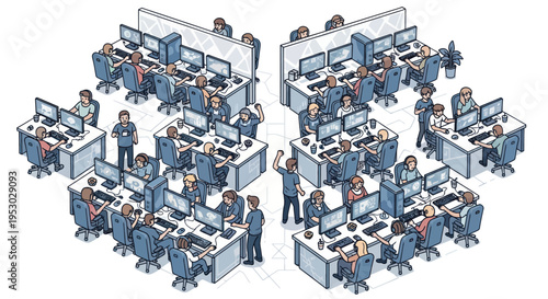 Busy open-plan office with many people working on computers, isometric view