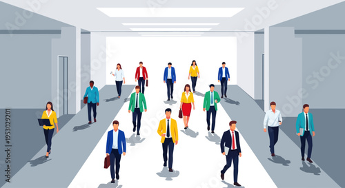 Diverse business people walking in modern office hallway, teamwork concept, bright lighting