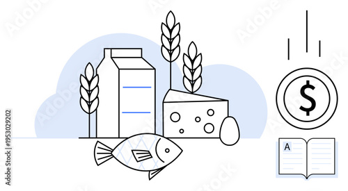 Food industry, economic investment, nutritious diet, agriculture, education funding, food sustainability. Milk, cheese fish wheat dollar and book illustrations. Food industry and economic