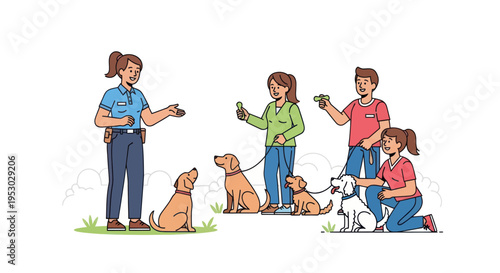 Dog Training Class: Instructor Teaching Owners With Puppies and Dogs