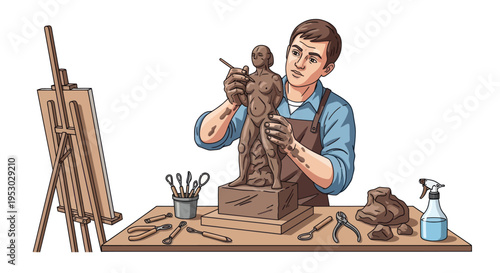 Artist sculpting a human figure, hands covered in clay, focused on creative work at a desk