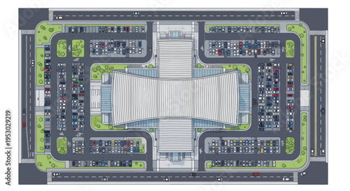 Modern Architecture Aerial View: Office Building with Extensive Parking Lot, Green Spaces