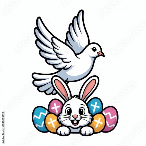 A cartoon Easter bunny and dove with colorful eggs on a white background