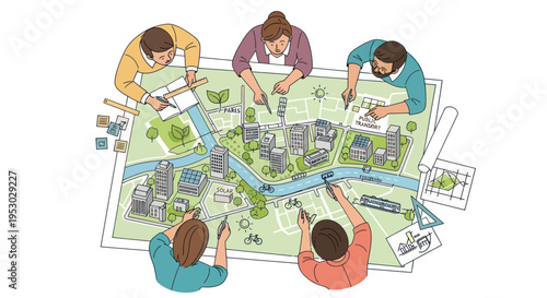 Diverse team collaborating on urban planning map, discussing city development and strategies.