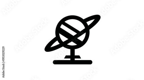 A black and white stylized illustration of an oval shape surrounded by orbital lines