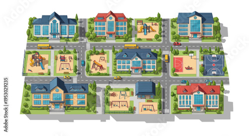 Top view of a modern suburban neighborhood with schools, playgrounds, and houses