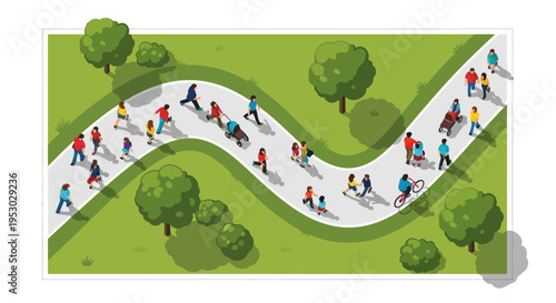 Diverse people walking, jogging, and cycling on a winding park path, isometric view.