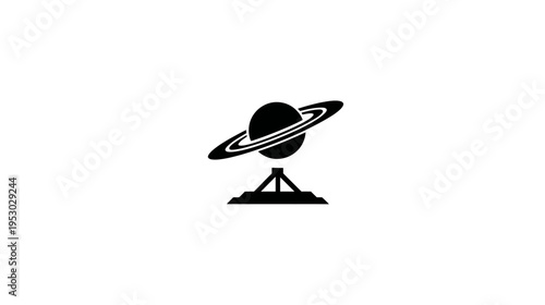 A black and white illustration of a celestial object with rings, atop a triangular stand