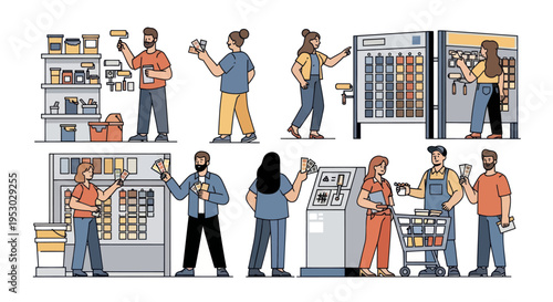 DIY Home Improvement Store Shoppers Choosing Paint and Tools