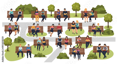 Diverse People Reading Books on Park Benches, Outdoor Leisure and Education Concept