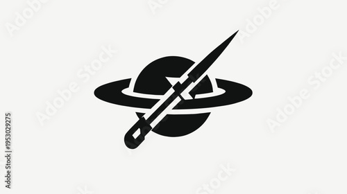 A dark logo shows a needle piercing a planet with rings on a white background