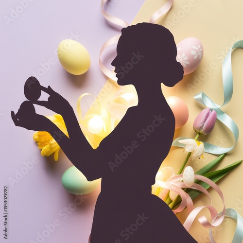 A woman's silhouette holds an Easter egg amidst colorful decorations