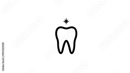 Black and white illustration of a tooth with a star above it, on a clean, blank background