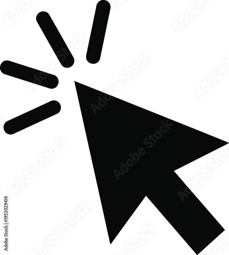 Black computer mouse cursor arrow icon, digital click pointer symbol, website navigation interface graphic, internet link selection vector illustration.