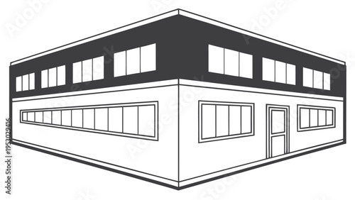 Modern industrial warehouse building exterior vector line art perspective with large and flat roof