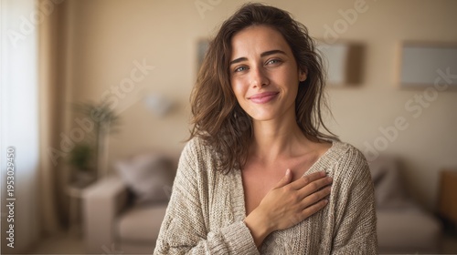 Young woman expressing sincere gratitude with a warm smile