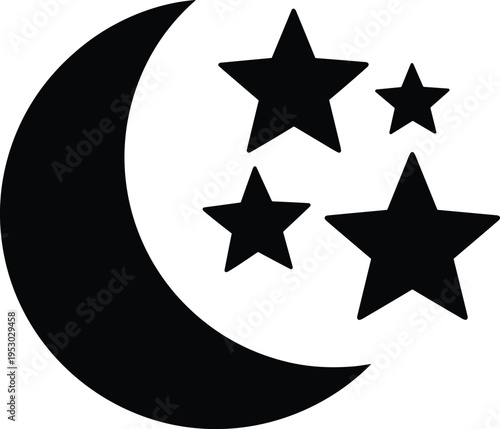 Black crescent moon with four stars icon, night sky vector illustration, celestial lunar symbol, astronomical midnight decorative element, silhouette.