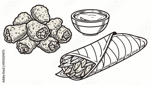 Spring rolls, dip, and wrapper, hand-drawn style food illustration, dipping sauce