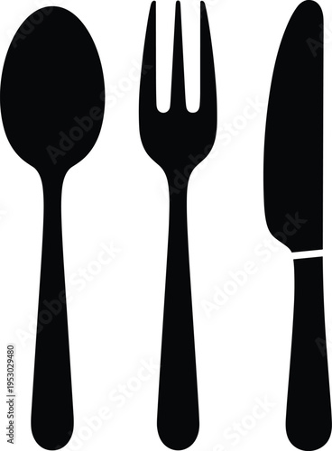 Black cutlery silhouette icon, spoon fork knife set, minimalist kitchen restaurant vector illustration, dining tools equipment food graphic
