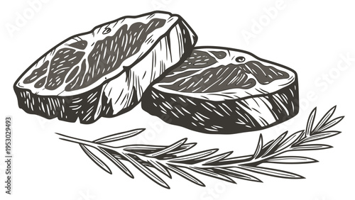 Two raw steaks and rosemary sprig, vintage style meat illustration